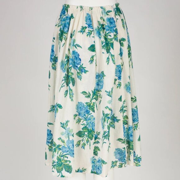 1950s Vintage Blue Rose Floral Print White Cotton Gauze Midi Skirt Sz XS S M - Picture 4 of 5